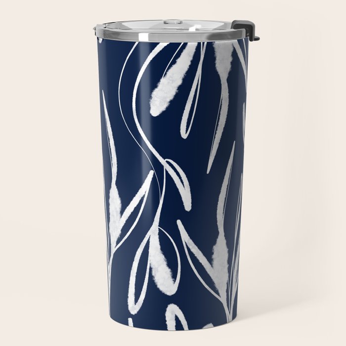 Botanical Wisps Abstract Pattern in Nautical Navy Blue and White  Travel Mug Gallery Image 2