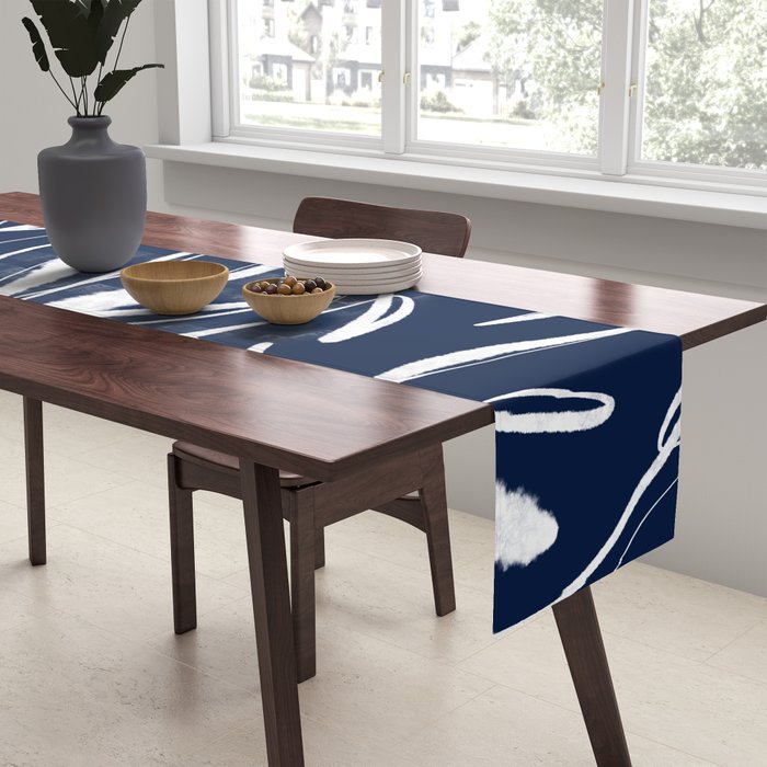 Botanical Wisps Abstract Pattern in Nautical Navy Blue and White  Table Runner Gallery Image 2