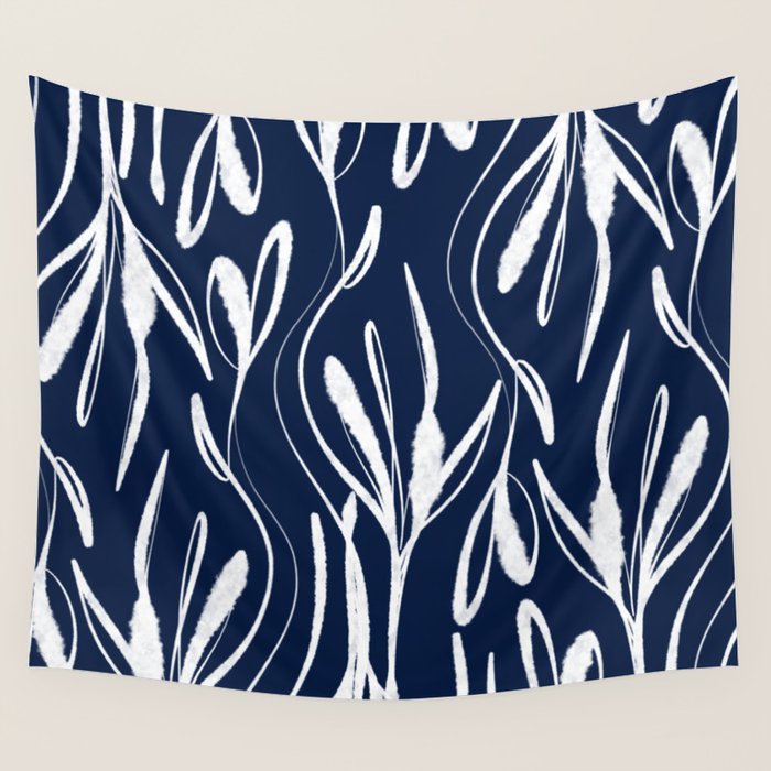 Botanical Wisps Abstract Pattern in Nautical Navy Blue and White  Wall Tapestry Gallery Image 1