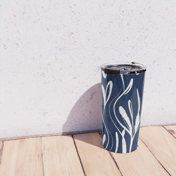 Botanical Wisps Abstract Pattern in Nautical Navy Blue and White  Travel Mug Gallery Image 4