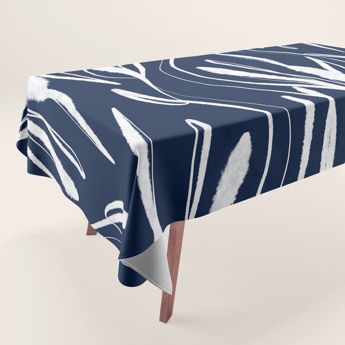 Botanical Wisps Abstract Pattern in Nautical Navy Blue and White  Tablecloth Gallery Image 1