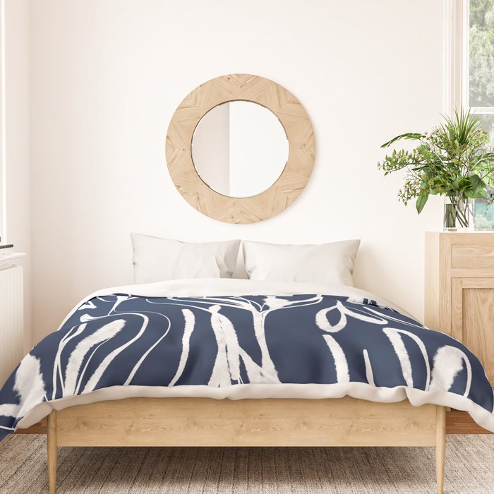 Botanical Wisps Abstract Pattern in Nautical Navy Blue and White  Duvet Cover Gallery Image 3