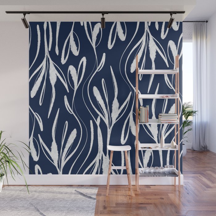Botanical Wisps Abstract Pattern in Nautical Navy Blue and White  Wall Mural Gallery Image 1