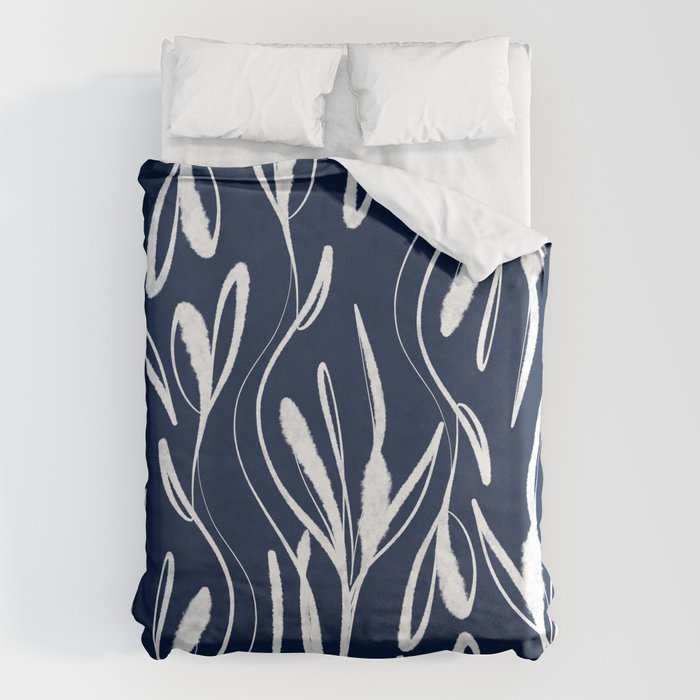 Botanical Wisps Abstract Pattern in Nautical Navy Blue and White  Duvet Cover Gallery Image 6