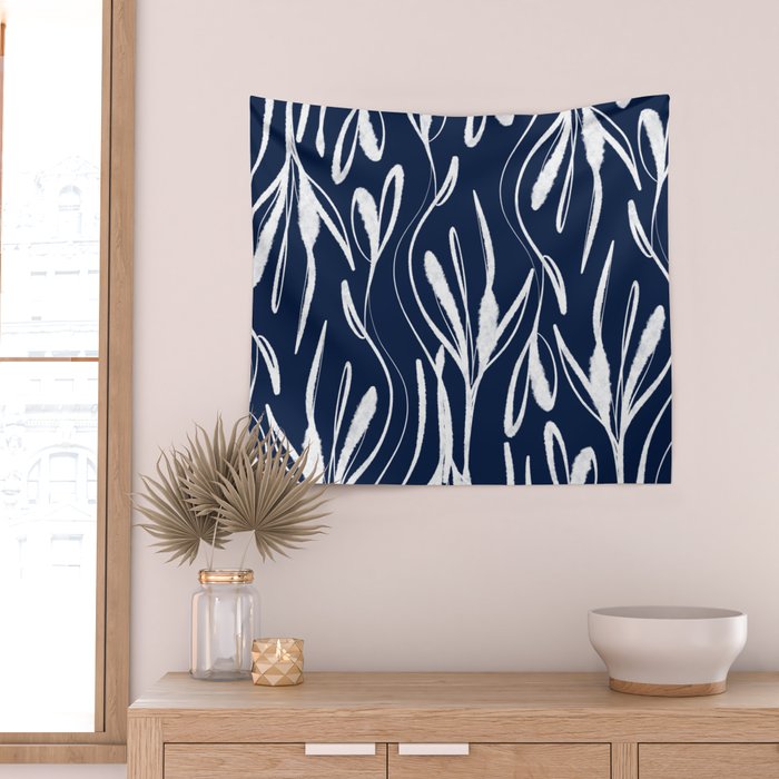 Botanical Wisps Abstract Pattern in Nautical Navy Blue and White  Wall Tapestry Gallery Image 2