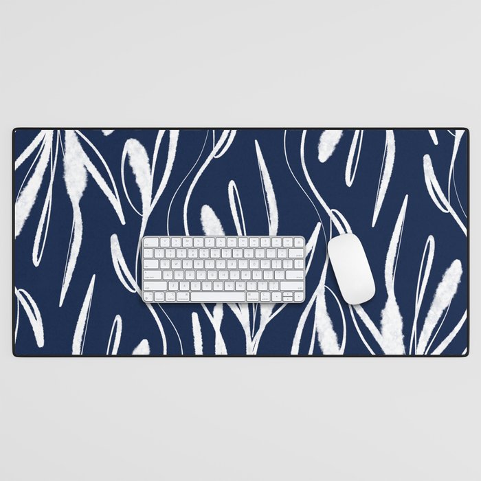 Botanical Wisps Abstract Pattern in Nautical Navy Blue and White  Desk Mat Gallery Image 1