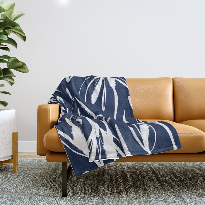 Botanical Wisps Abstract Pattern in Nautical Navy Blue and White  Throw Blanket Gallery Image 1