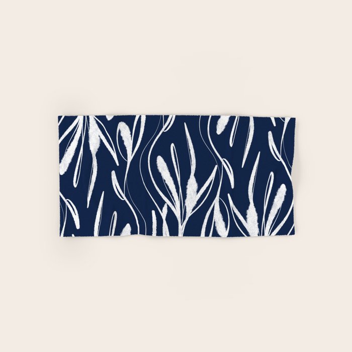 Botanical Wisps Abstract Pattern in Nautical Navy Blue and White  Bath Towel Gallery Image 1