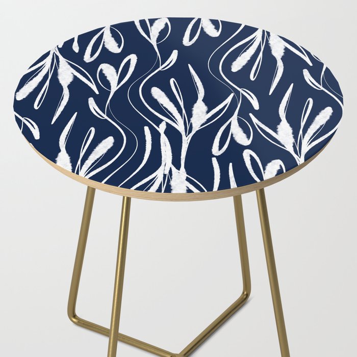 Botanical Wisps Abstract Pattern in Nautical Navy Blue and White  Side Table Gallery Image 2