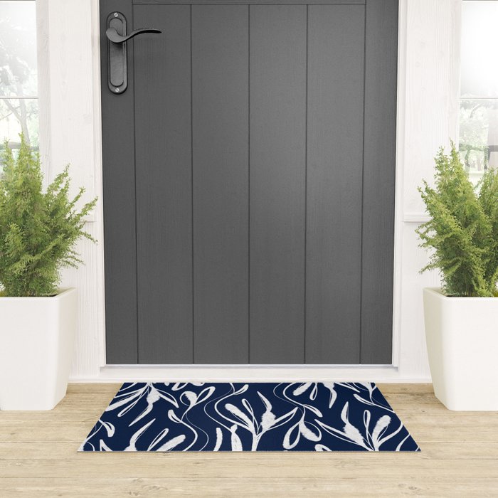 Botanical Wisps Abstract Pattern in Nautical Navy Blue and White  Welcome Mat Gallery Image 3