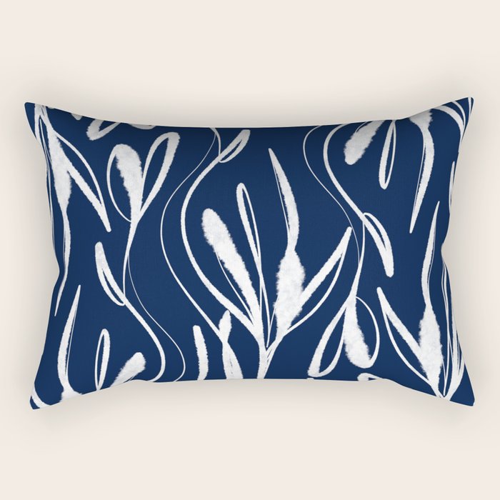 Botanical Wisps Abstract Pattern in Nautical Navy Blue and White  Rectangular Pillow Gallery Image 1