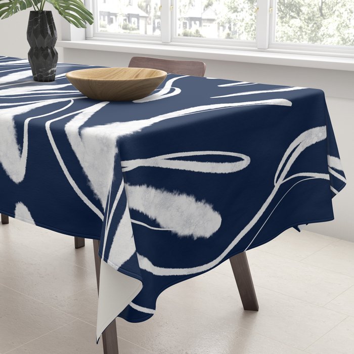 Botanical Wisps Abstract Pattern in Nautical Navy Blue and White  Tablecloth Gallery Image 3