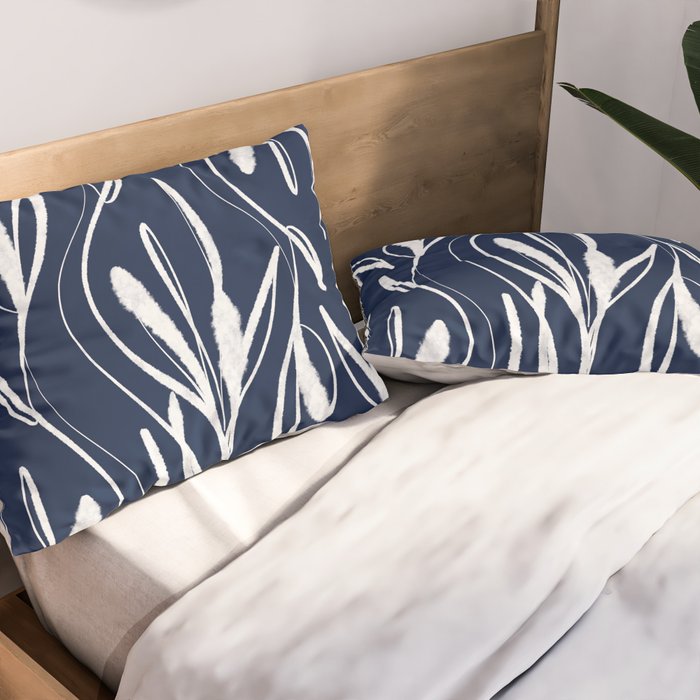 Botanical Wisps Abstract Pattern in Nautical Navy Blue and White  Pillow Sham Gallery Image 2