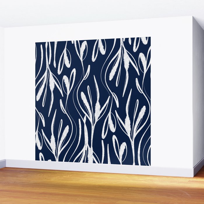 Botanical Wisps Abstract Pattern in Nautical Navy Blue and White  Wall Mural Gallery Image 2