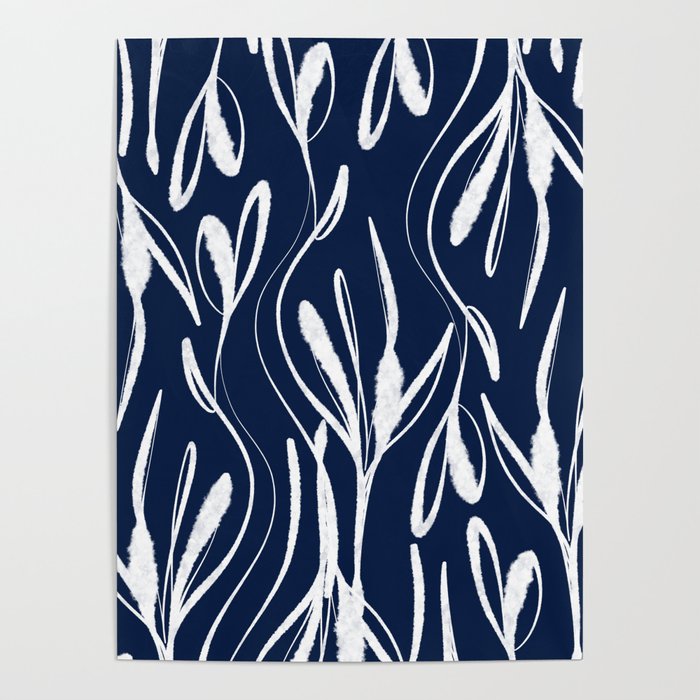 Botanical Wisps Abstract Pattern in Nautical Navy Blue and White  Poster Gallery Image 4