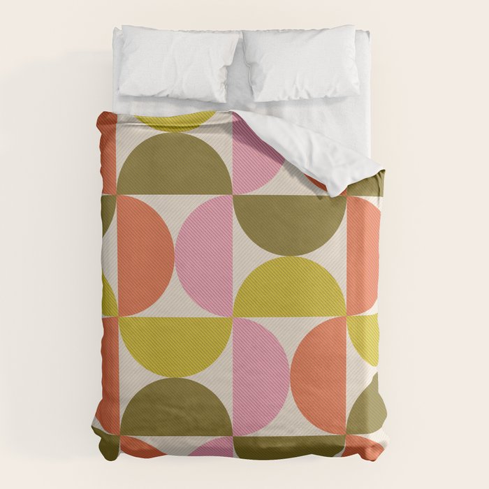 Mid Century Modern Shapes - Pink, Olive Green & Orange Duvet Cover Gallery Image 1