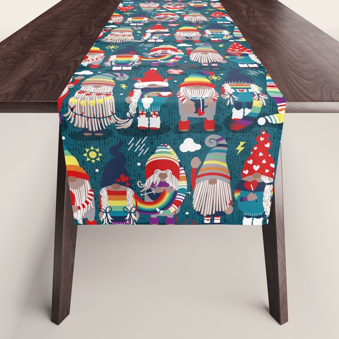 I gnome you // dark teal background little happy and lovely gnomes with rainbows vivid red hearts Table Runner Gallery Image 1