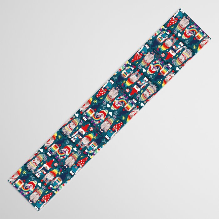 I gnome you // dark teal background little happy and lovely gnomes with rainbows vivid red hearts Table Runner Gallery Image 3