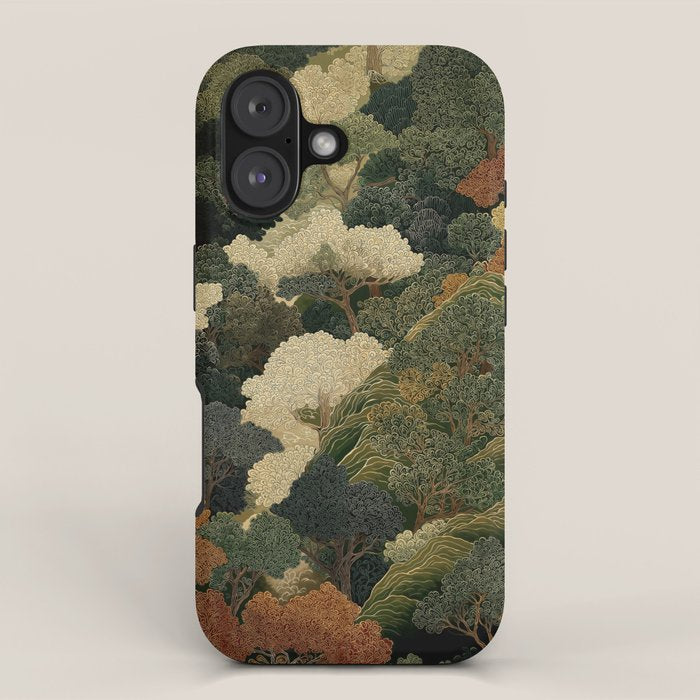 Japanese green Forest Painting Autumn Art Japandi Wall Art maximalist Art Nouveau Botanical Print iPhone Case Gallery Image 1