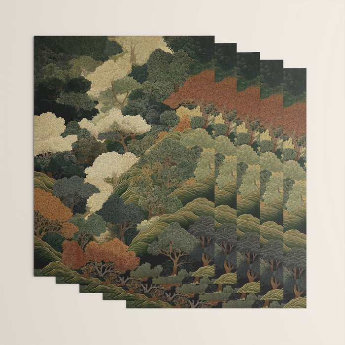 Japanese green Forest Painting Autumn Art Japandi Wall Art maximalist Art Nouveau Botanical Print Wrapping Paper Gallery Image 3