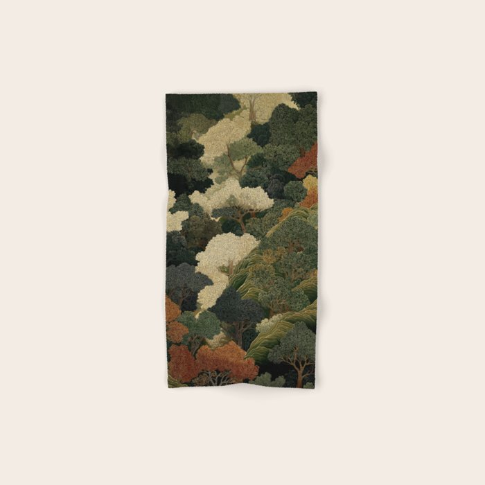 Japanese green Forest Painting Autumn Art Japandi Wall Art maximalist Art Nouveau Botanical Print Bath Towel Gallery Image 1