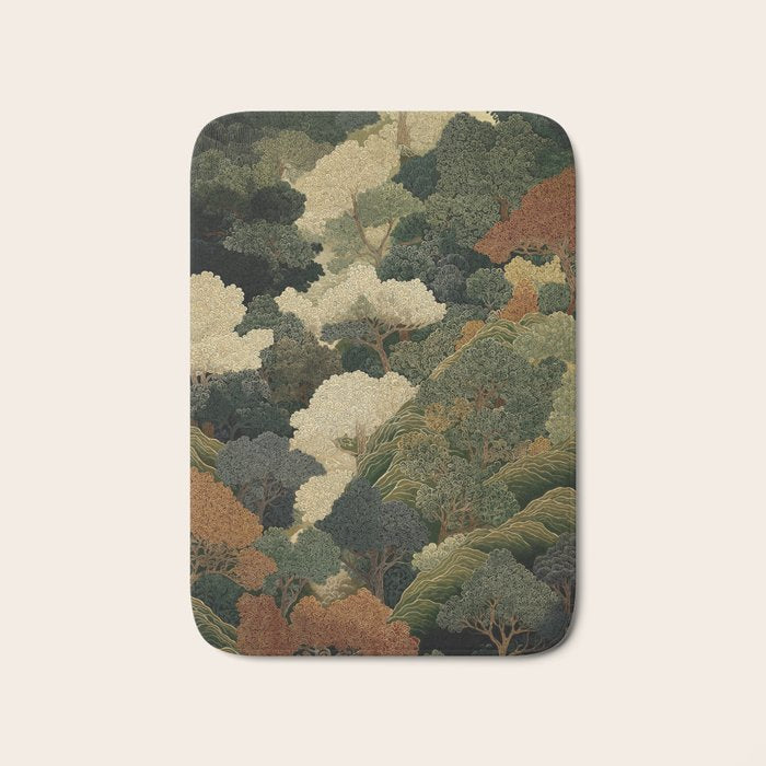 Japanese green Forest Painting Autumn Art Japandi Wall Art maximalist Art Nouveau Botanical Print Bath Mat Gallery Image 1