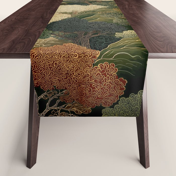 Japanese green Forest Painting Autumn Art Japandi Wall Art maximalist Art Nouveau Botanical Print Table Runner Gallery Image 1