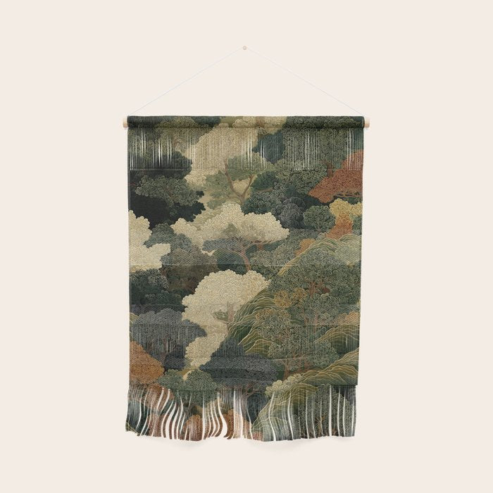 Japanese green Forest Painting Autumn Art Japandi Wall Art maximalist Art Nouveau Botanical Print Wall Hanging Gallery Image 1