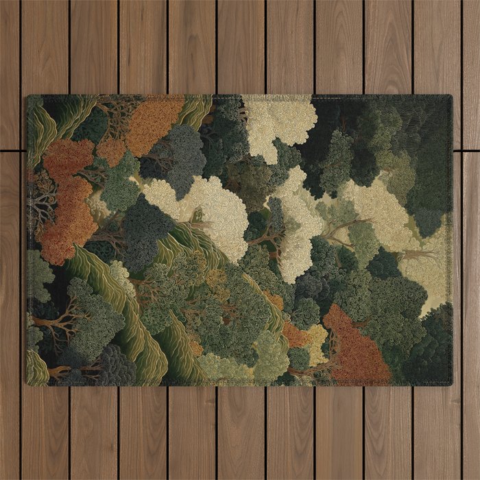 Japanese green Forest Painting Autumn Art Japandi Wall Art maximalist Art Nouveau Botanical Print Outdoor Rug Gallery Image 1