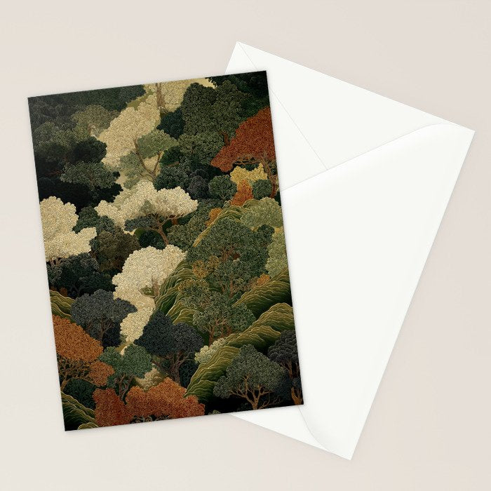 Japanese green Forest Painting Autumn Art Japandi Wall Art maximalist Art Nouveau Botanical Print Stationery Card Gallery Image 2