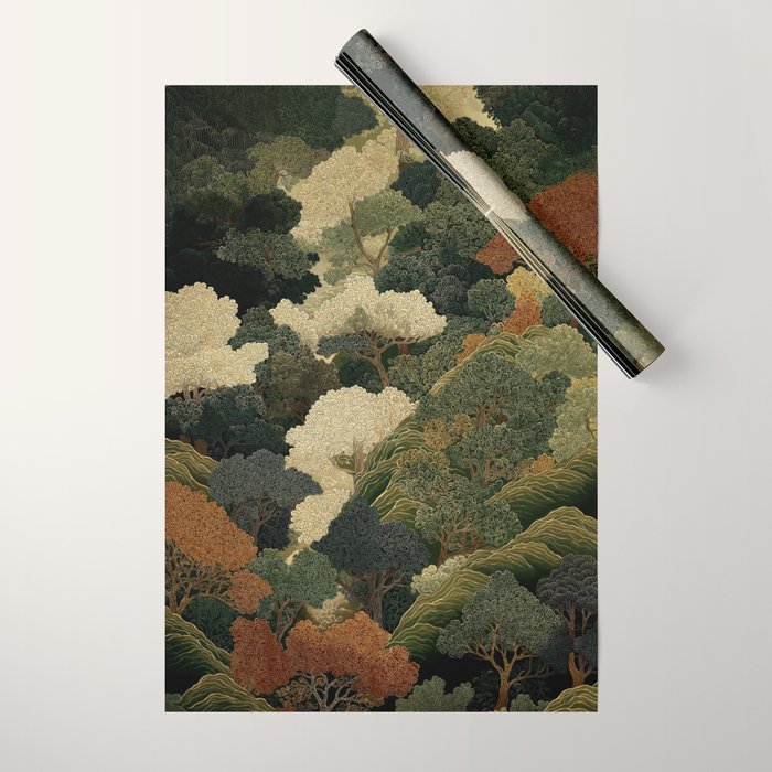 Japanese green Forest Painting Autumn Art Japandi Wall Art maximalist Art Nouveau Botanical Print Wrapping Paper Gallery Image 1