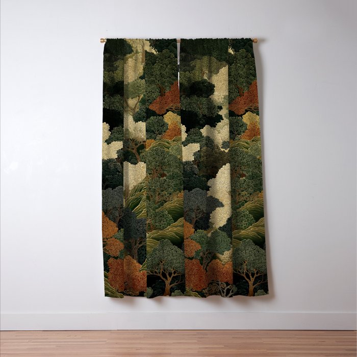 Japanese green Forest Painting Autumn Art Japandi Wall Art maximalist Art Nouveau Botanical Print Window Curtain Gallery Image 3