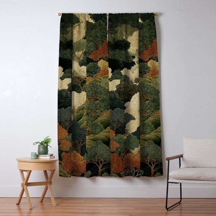 Japanese green Forest Painting Autumn Art Japandi Wall Art maximalist Art Nouveau Botanical Print Window Curtain Gallery Image 5