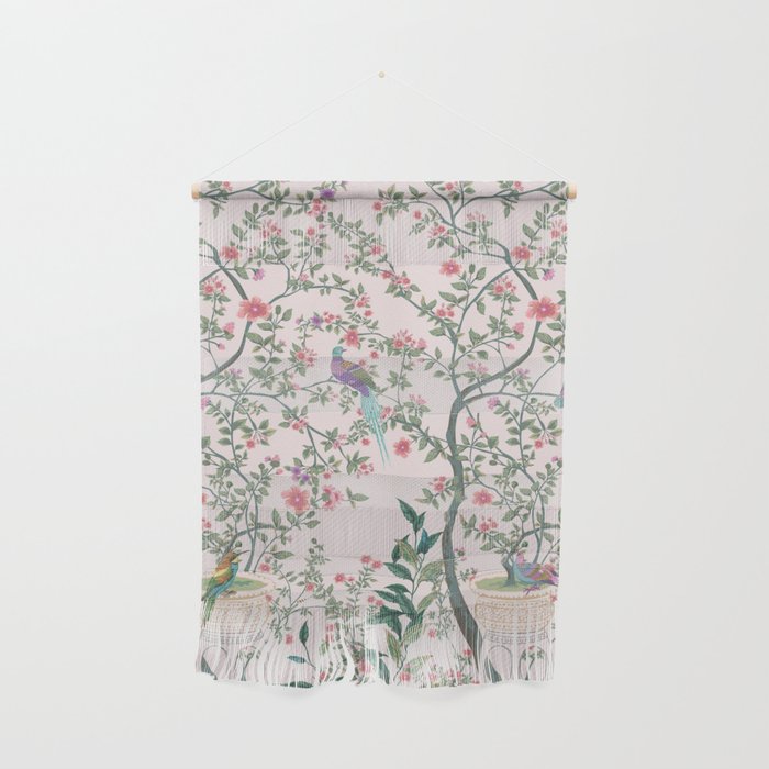 Chinoiserie Blush Pink Fresco Floral Garden Birds Oriental Botanical Wall Hanging Gallery Image 1