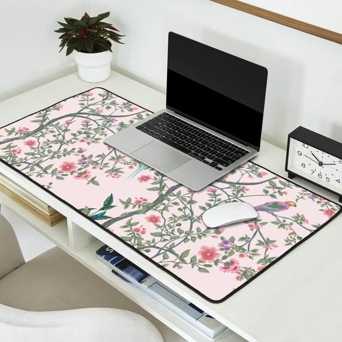 Chinoiserie Blush Pink Fresco Floral Garden Birds Oriental Botanical Desk Mat Gallery Image 2