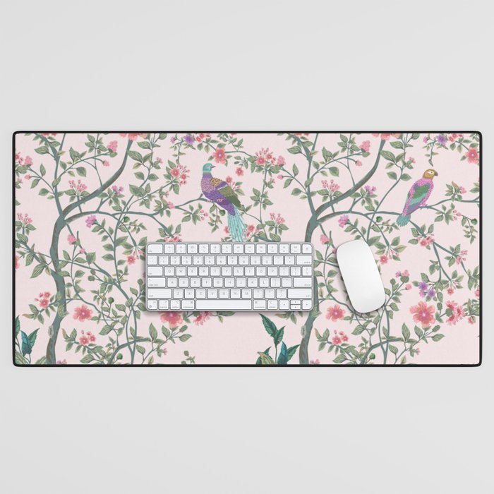 Chinoiserie Blush Pink Fresco Floral Garden Birds Oriental Botanical Desk Mat Gallery Image 1