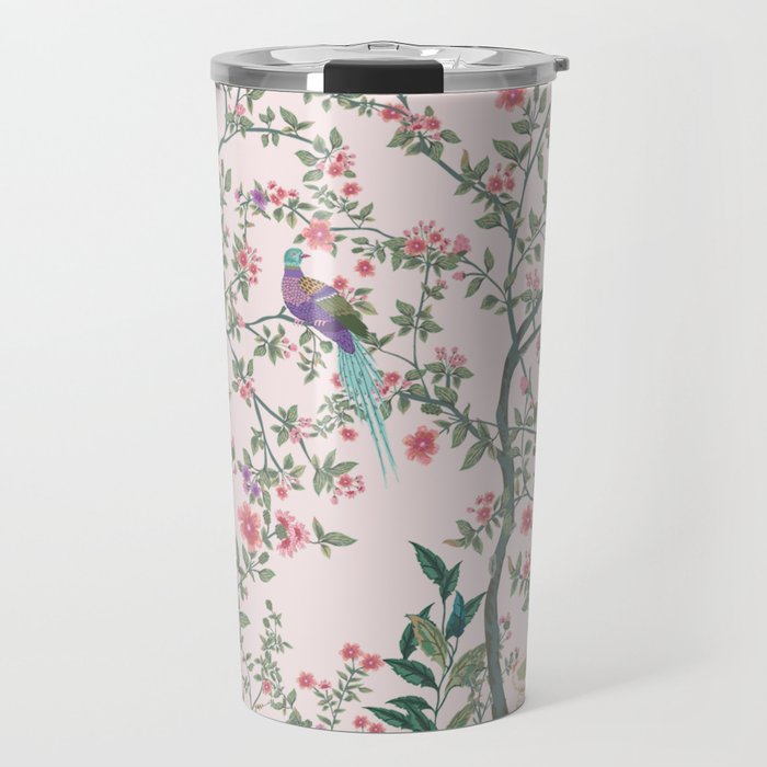 Chinoiserie Blush Pink Fresco Floral Garden Birds Oriental Botanical Travel Mug Gallery Image 1