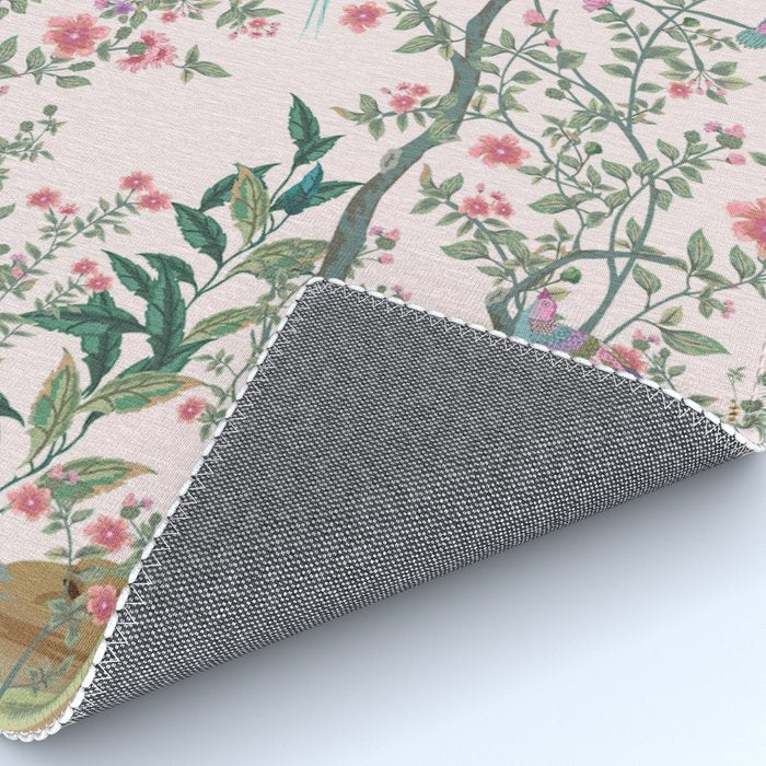 Chinoiserie Blush Pink Fresco Floral Garden Birds Oriental Botanical Rug Gallery Image 4