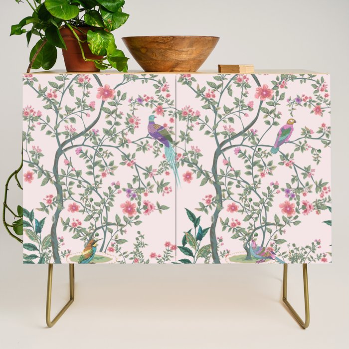 Chinoiserie Blush Pink Fresco Floral Garden Birds Oriental Botanical Credenza Gallery Image 1