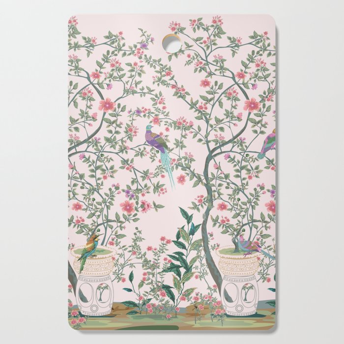 Chinoiserie Blush Pink Fresco Floral Garden Birds Oriental Botanical Cutting Board Gallery Image 1