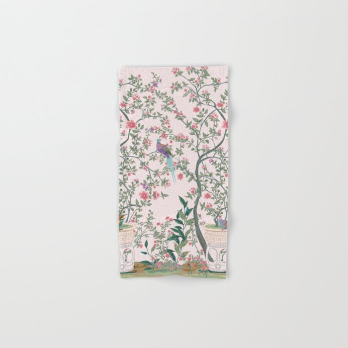 Chinoiserie Blush Pink Fresco Floral Garden Birds Oriental Botanical Bath Towel Gallery Image 1