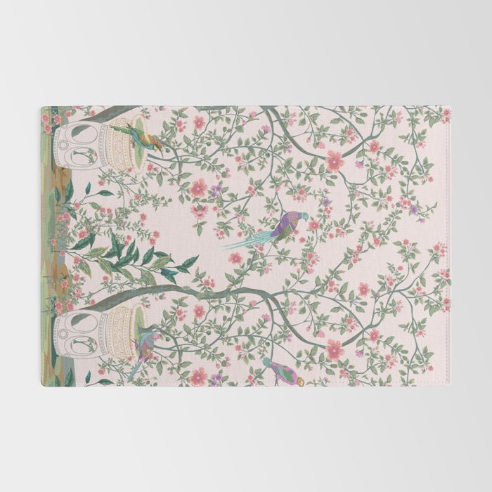 Chinoiserie Blush Pink Fresco Floral Garden Birds Oriental Botanical Rug Gallery Image 2