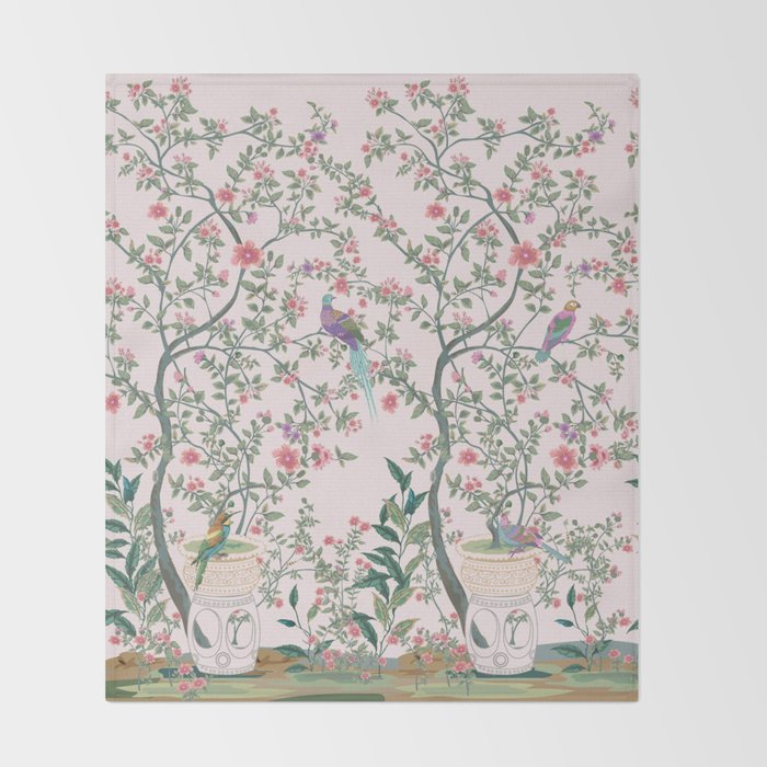 Chinoiserie Blush Pink Fresco Floral Garden Birds Oriental Botanical Throw Blanket Gallery Image 2