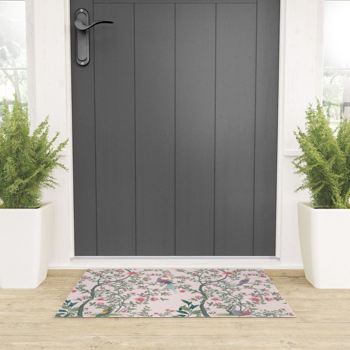Chinoiserie Blush Pink Fresco Floral Garden Birds Oriental Botanical Welcome Mat Gallery Image 3