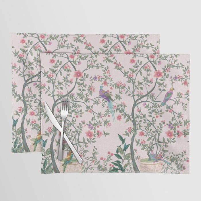 Chinoiserie Blush Pink Fresco Floral Garden Birds Oriental Botanical Placemat Gallery Image 1