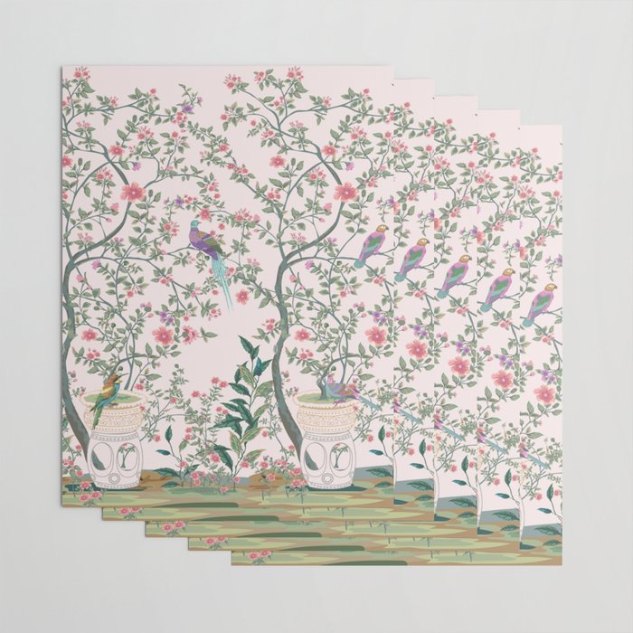 Chinoiserie Blush Pink Fresco Floral Garden Birds Oriental Botanical Wrapping Paper Gallery Image 3