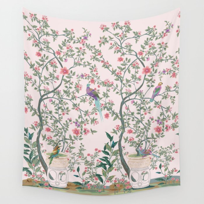 Chinoiserie Blush Pink Fresco Floral Garden Birds Oriental Botanical Wall Tapestry Gallery Image 4