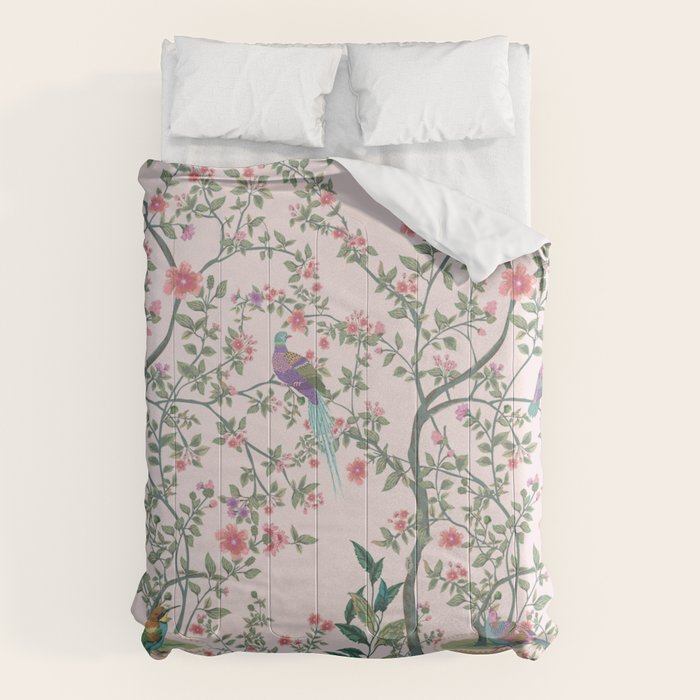 Chinoiserie Blush Pink Fresco Floral Garden Birds Oriental Botanical Comforter Gallery Image 6