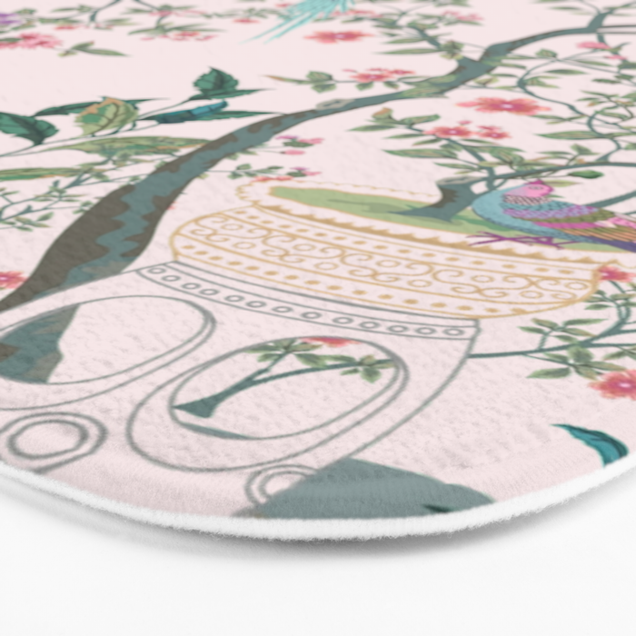 Chinoiserie Blush Pink Fresco Floral Garden Birds Oriental Botanical Bath Mat Gallery Image 3