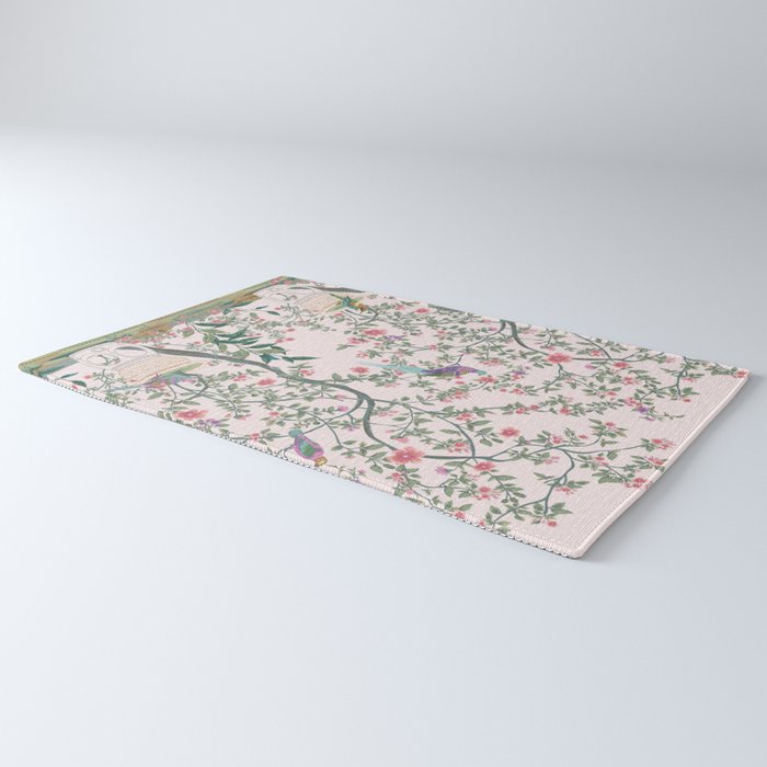 Chinoiserie Blush Pink Fresco Floral Garden Birds Oriental Botanical Rug Gallery Image 3